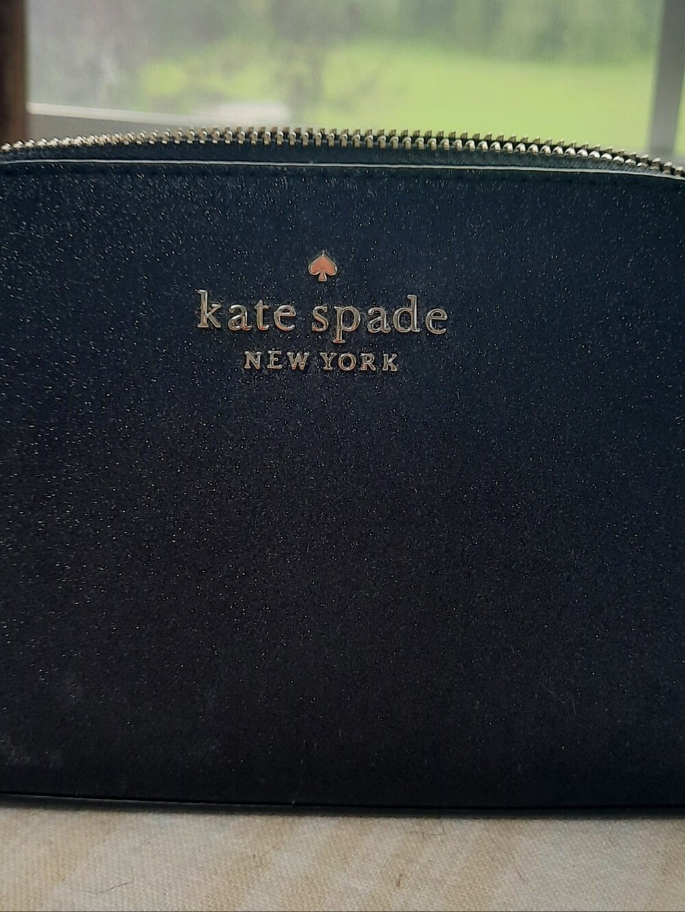 Kate Spade Gold and Glitter Tinsel Logo Makeup Bag NWOT